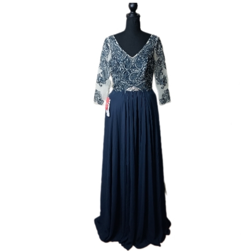 JJ’s House Dark Navy Chiffon Lace Beaded Gown – Size 10 - Picture 2 of 16